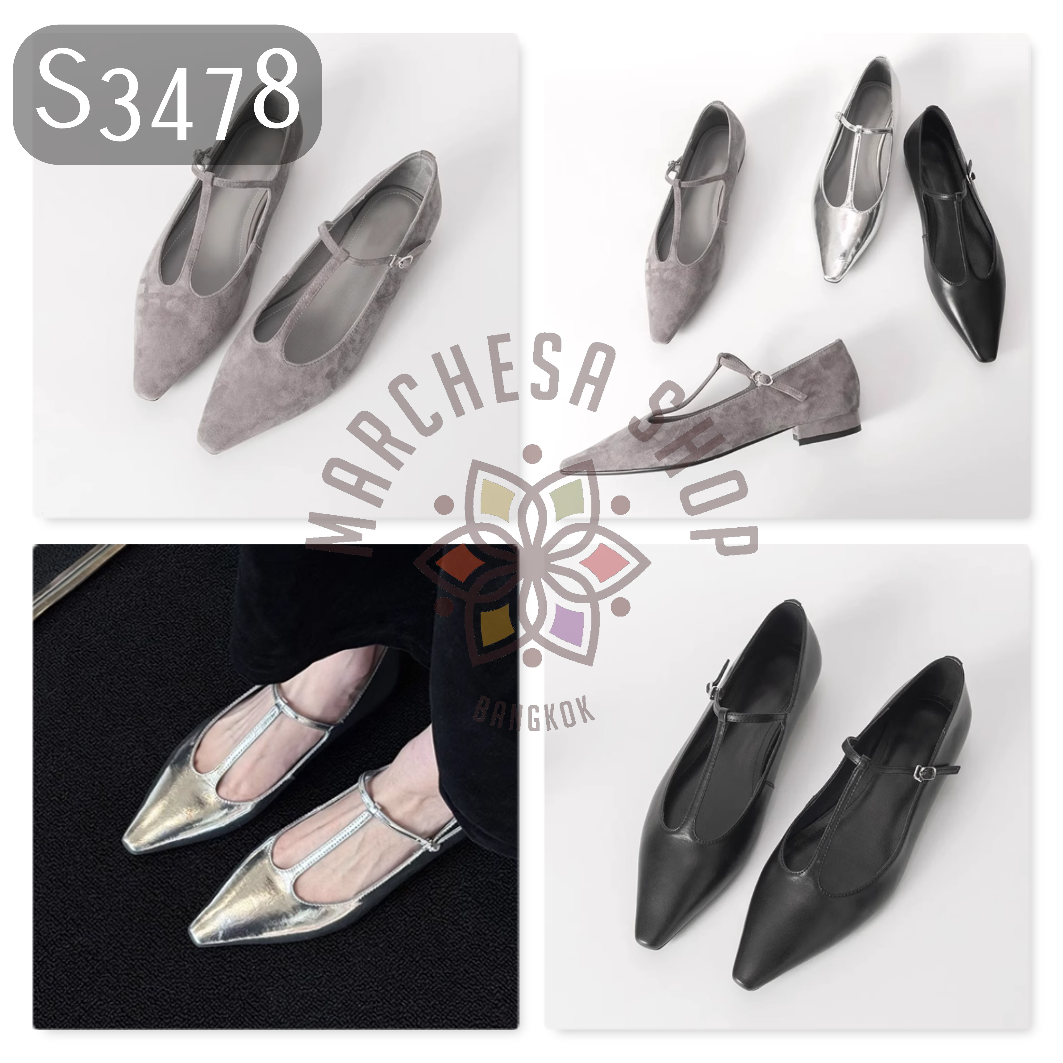 S3478 - 頭層小羊皮簡約扣帶尖頭平底鞋