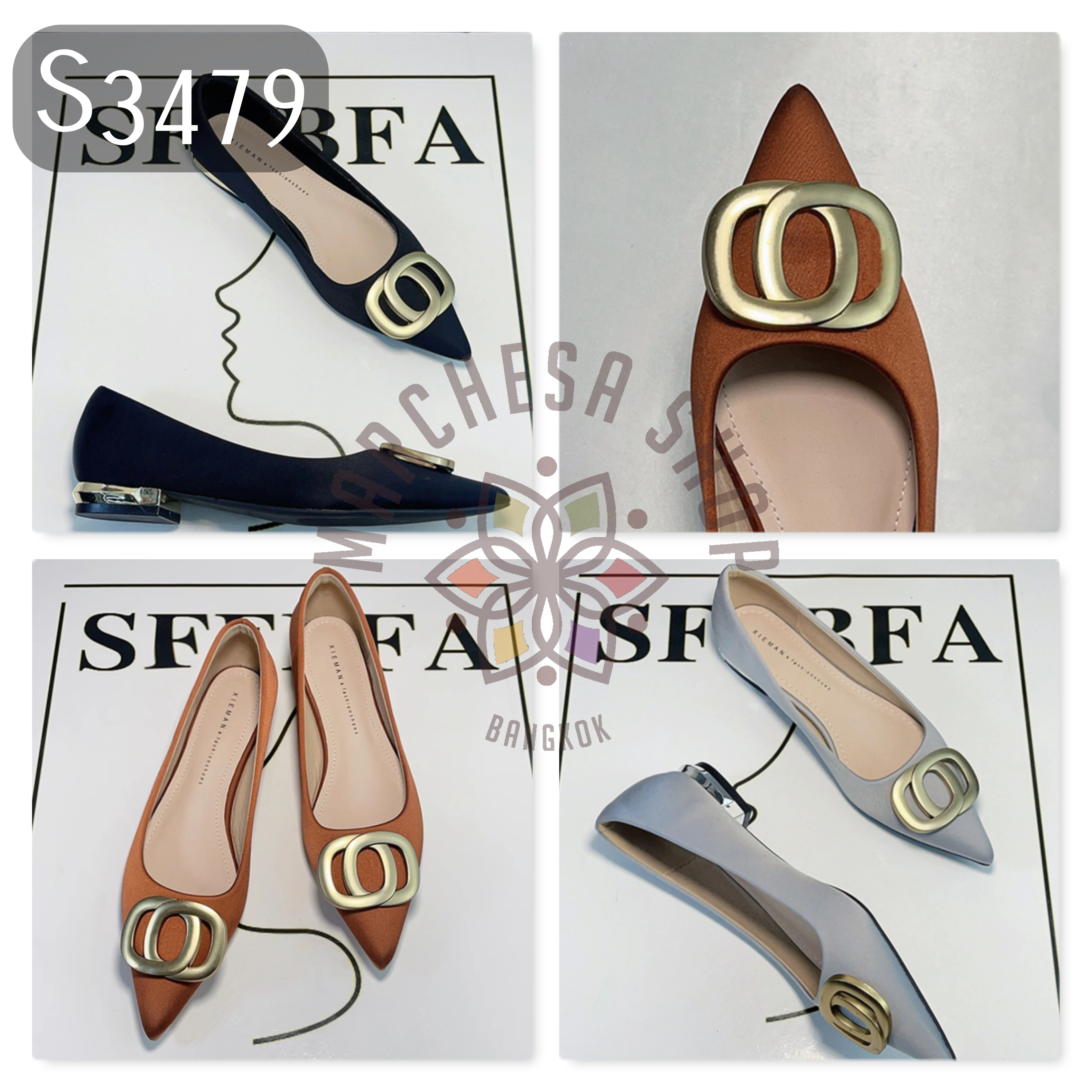 S3479 - 頭層小羊皮絲綢磨沙扣尖頭平底鞋