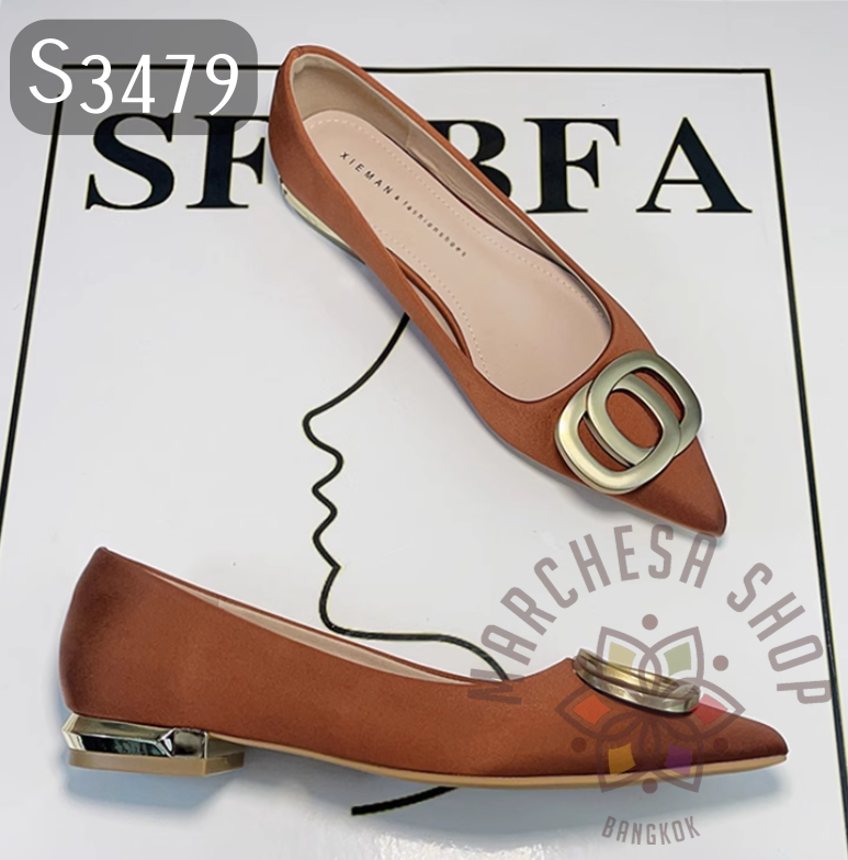 S3479 - 頭層小羊皮絲綢磨沙扣尖頭平底鞋