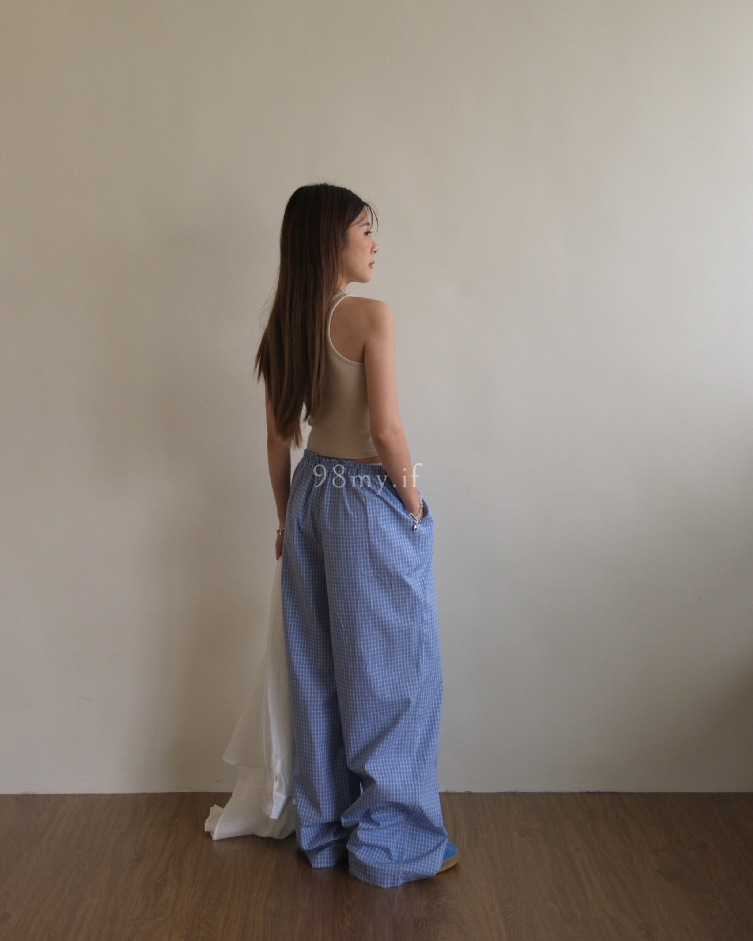 C01 渡假 海邊 抽繩藍格子褲 ( 現貨）