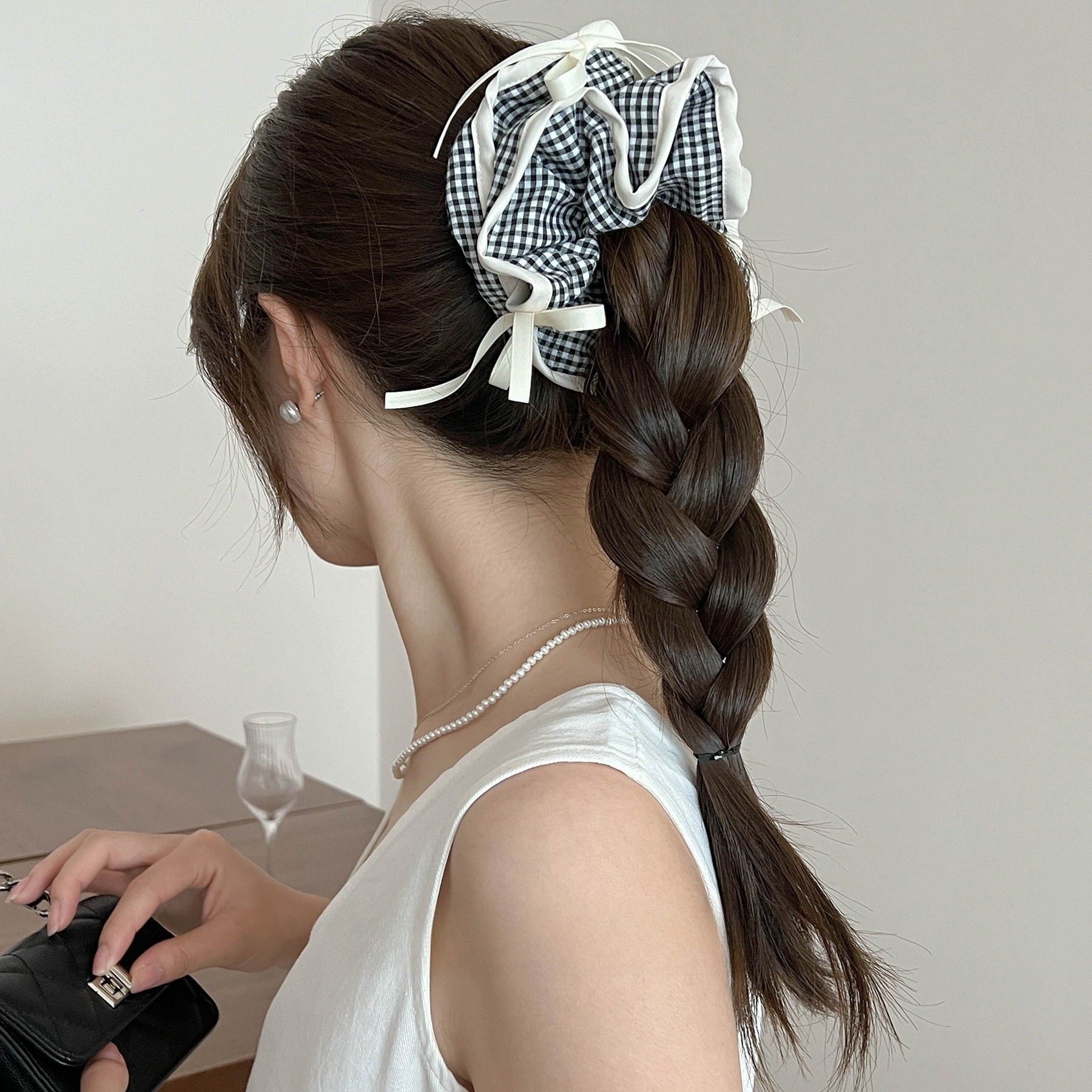 [3 FOR RM10] INS Vintage Black & White Plaid Bow Scrunchies