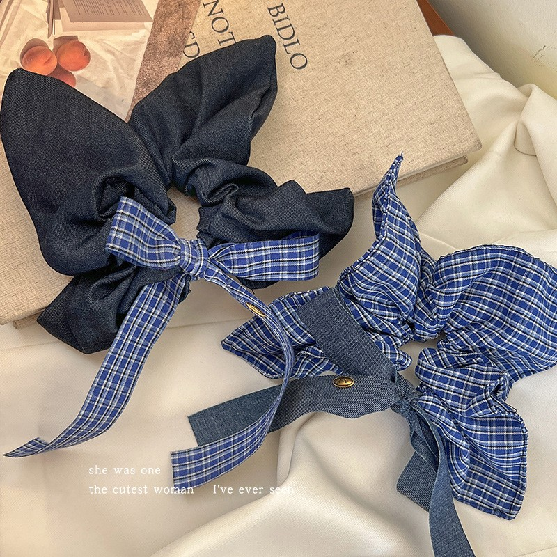 [2 FOR RM10] Korean Denim Bow Blue Plaid Scarf Scrunchies