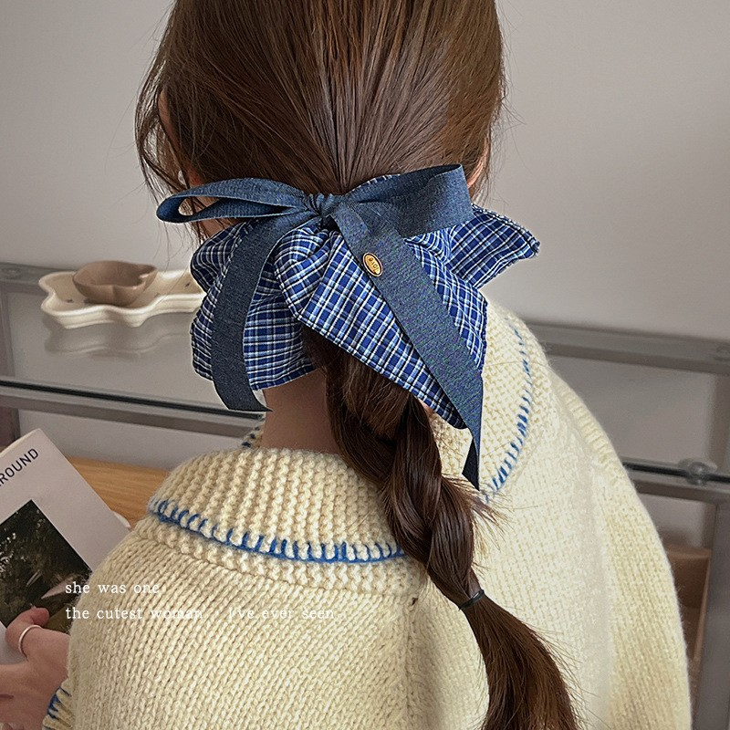 [2 FOR RM10] Korean Denim Bow Blue Plaid Scarf Scrunchies