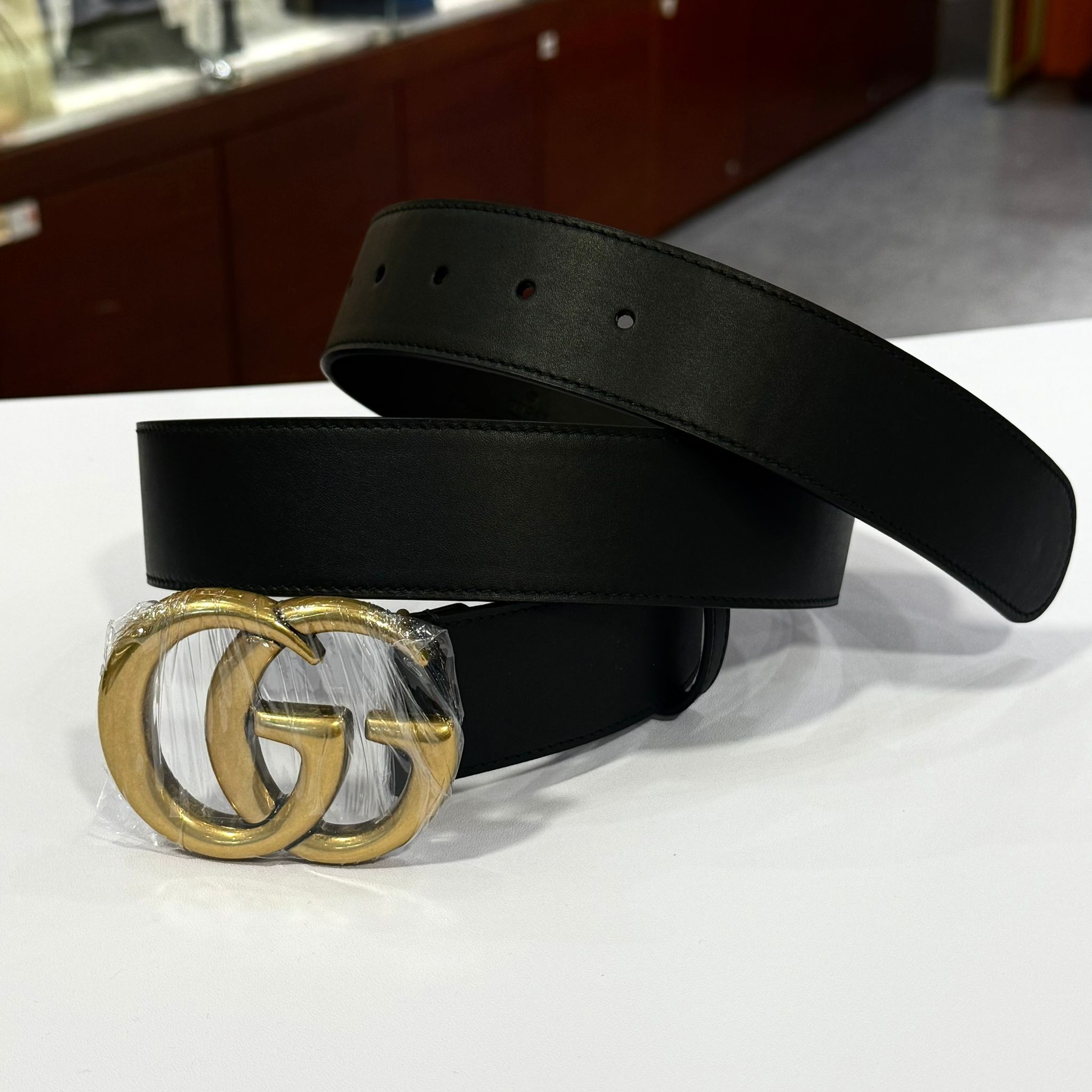 全新GUCCI皮帶 寬4CM 95碼 397660 AP00T 1000 黑色光滑牛皮 雙G復古金扣 #BRAND NEW #香榭站正品