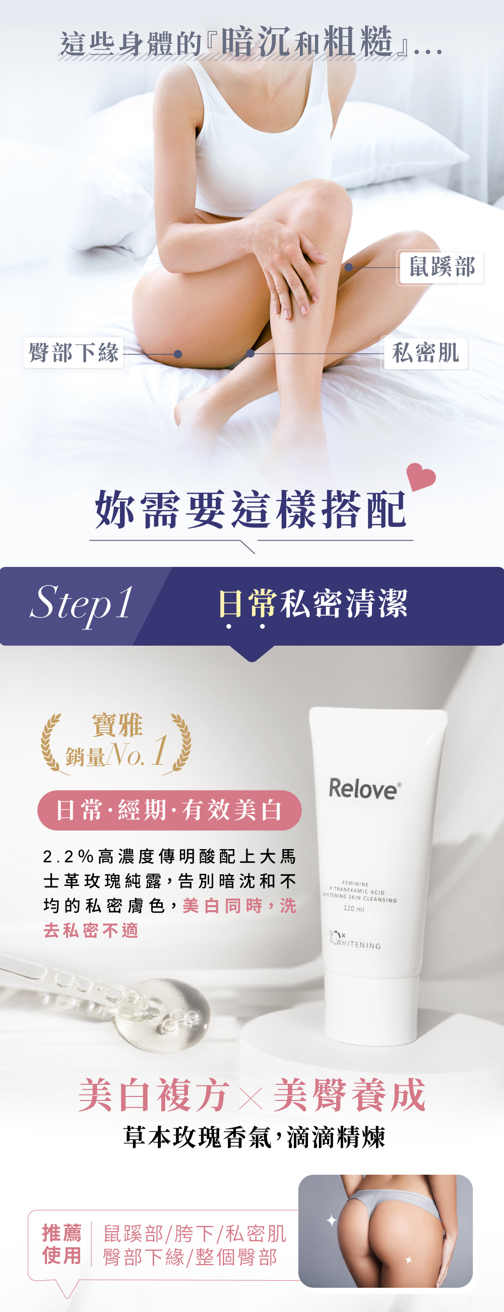 步驟1 美白精華液私密清潔,草本玫瑰香氣複方、有效美白