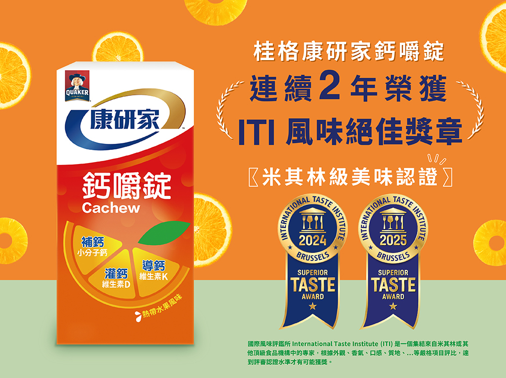 桂格康研家鈣嚼錠獲得食品界米其林ITI一星國際風味絕佳獎章,米其林級評審也認證的好吃!