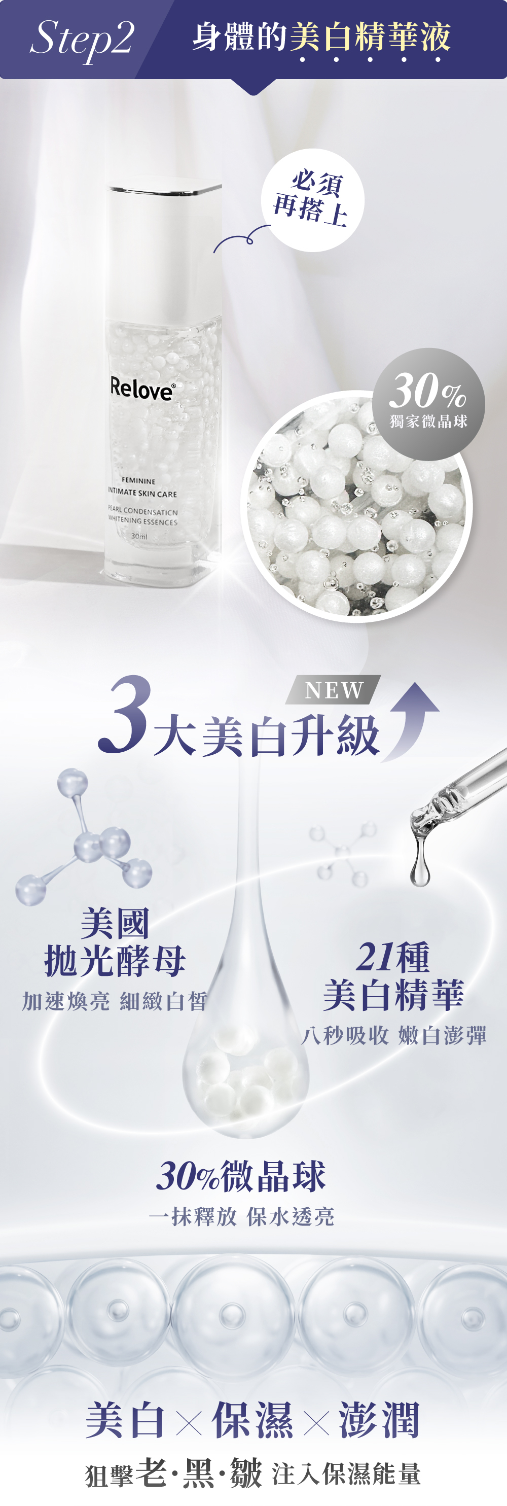 三大美白關鍵成份:30%獨家微晶球、21種美白精華、美國拋光酵母