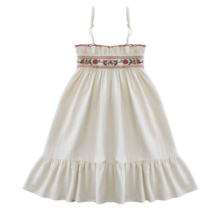 BELLE CHIARA  細肩綁帶荷葉裙洋裝 Dress EMBROIDERED STRAPS - Ecru