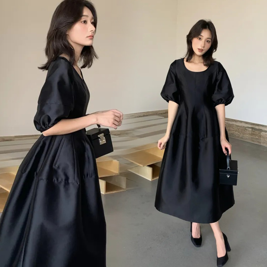 經典黑澎澎袖造型緞光圓領長裝S-M (Elegant & Love)