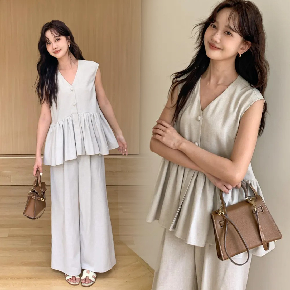 V領排釦收腰傘擺亞麻背心+長褲SET-S-L (Elegant & Love)