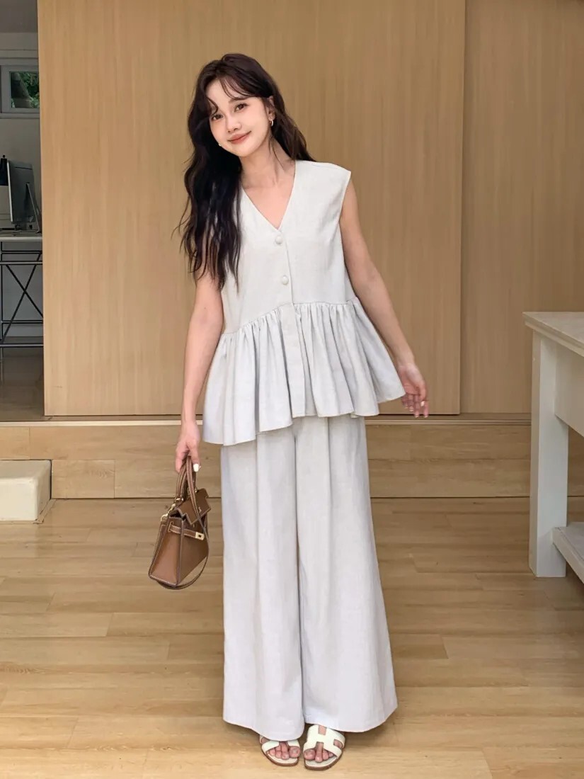 V領排釦收腰傘擺亞麻背心+長褲SET-S-L (Elegant & Love)