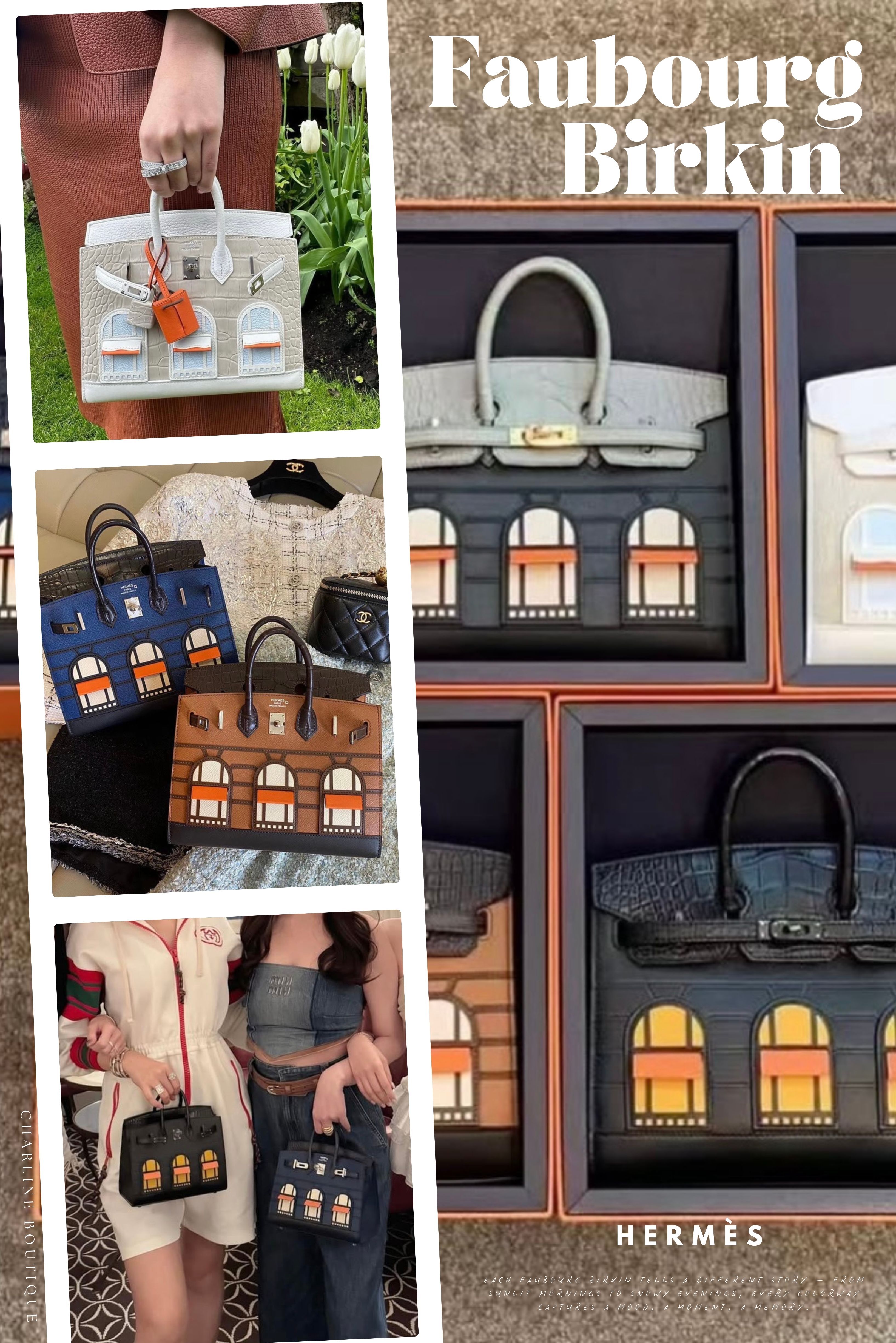 Faubourg Birkin 20小歸小，細節卻做到極致。從屋簷上的鱷魚皮，到窗框、雨棚等部位的 Swift 與 Epsom 皮革拼接，每個角落都值得拿出放大鏡細看。Hermès 向來讓人又愛又恨，而這顆小房子包，正是那個讓藏家們甘願為它「配貨、等候、追逐」的夢幻逸品。自 2019 年Day「白天棕房子」問世以來，Faubourg 系列便持續以不同的色彩與天氣變化為主題，一路從白天走到夜晚，從雨天走到雪天，Hermès 用色彩說故事，用皮革造景，為我們鋪展了一場屬於建築與藝術的童話旅程。全世界的名媛富婆、時尚藏家都對這顆包如數家珍。因為她不只是包，是一座 Hermès 神殿的縮影。這款包全球限量，稀有中的稀有，若在拍賣會上出現，成交價往往破千萬台幣。這不只是買包，更像是收藏歷史與藝術。以下就讓我們來一一介紹，從2019-2025年間Hermes所推出的六款Faubourg Birkin!!