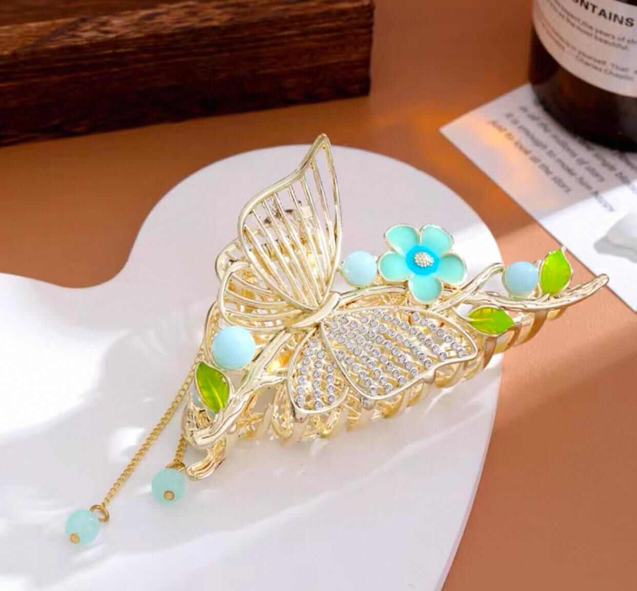 Blue & Pink Butterfly Tassel Pendant Metal Hair Claw