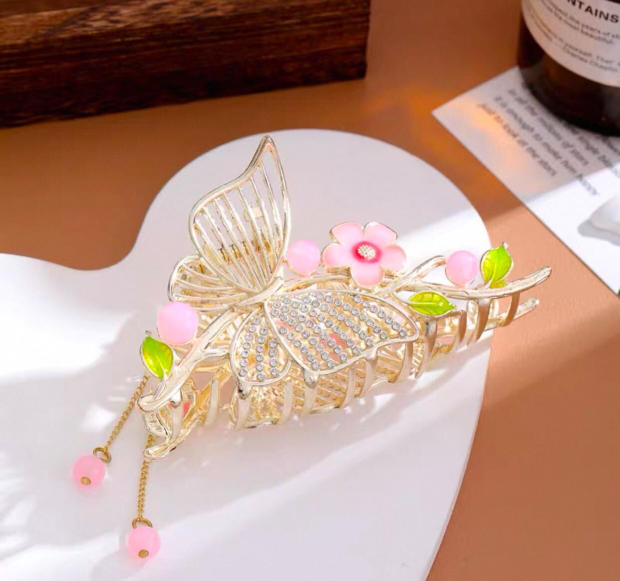 Blue & Pink Butterfly Tassel Pendant Metal Hair Claw