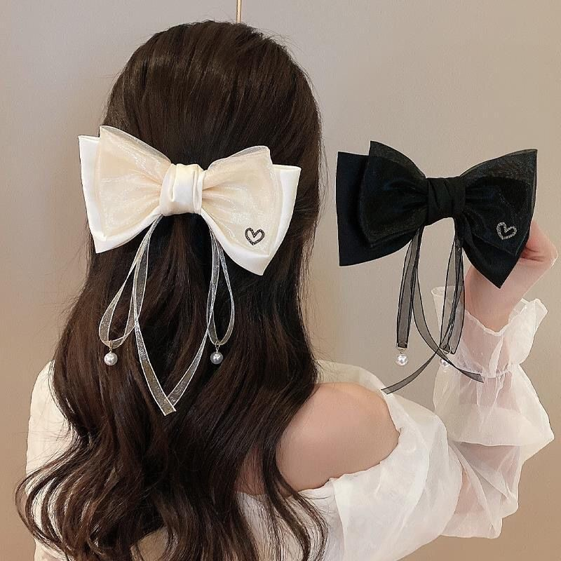 Rhinestone Heart & Tulle Bow with Pearl Pendant