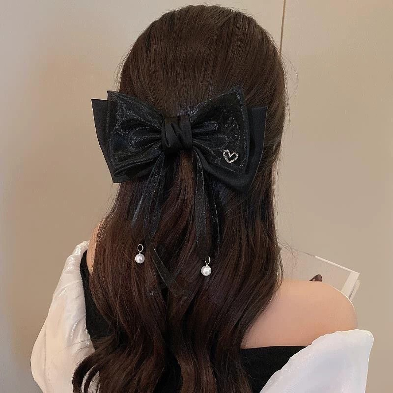 Rhinestone Heart & Tulle Bow with Pearl Pendant