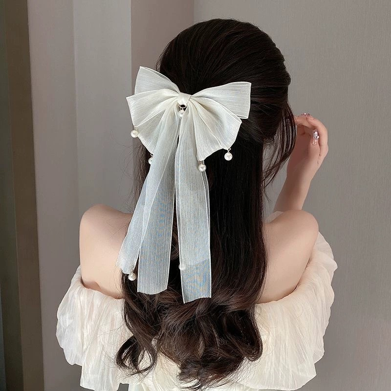 French Style Long Ribbon Bow with Pearl Pendant