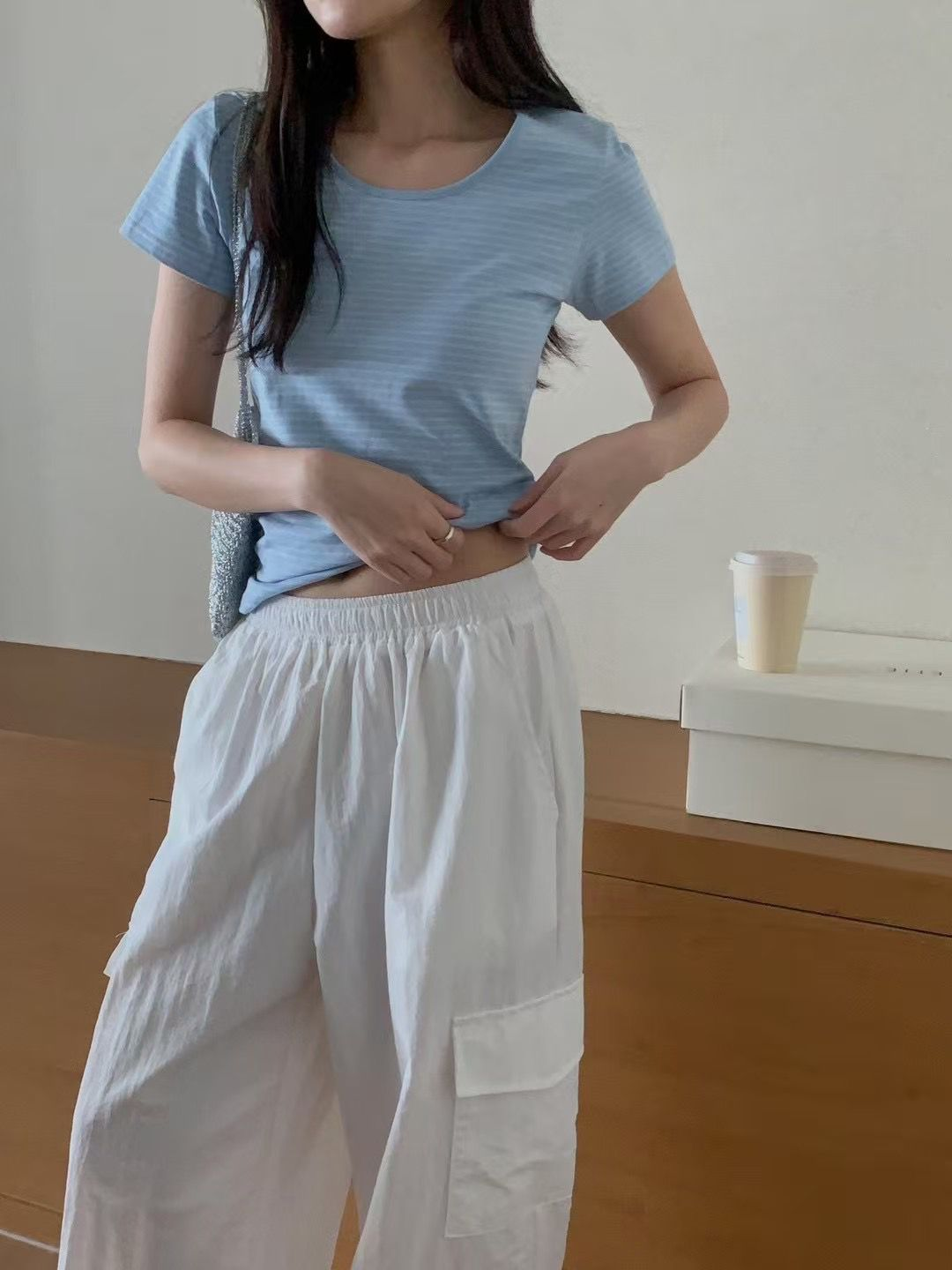 U領幼橫間短袖上衣(藍色)