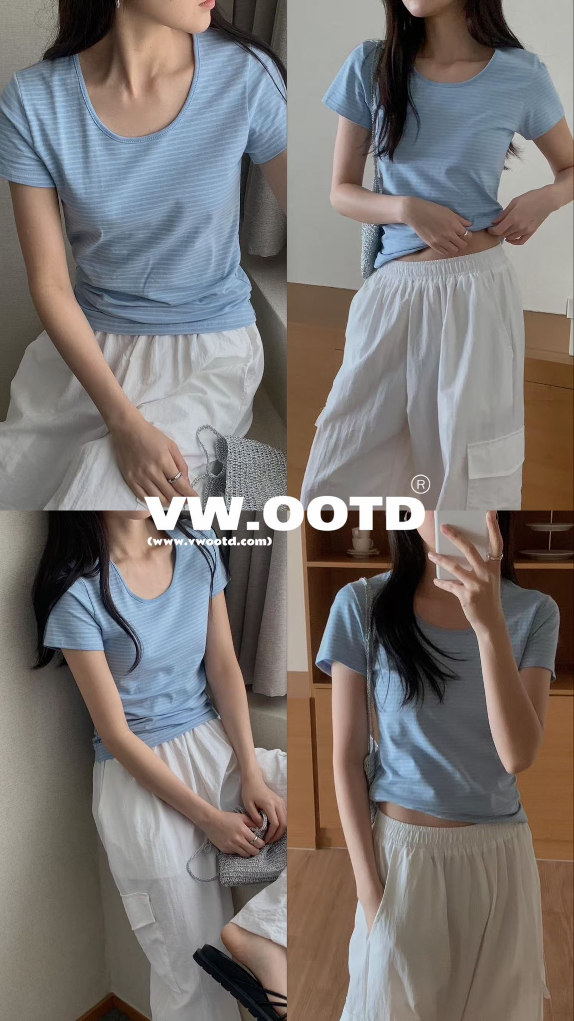 U領幼橫間短袖上衣(藍色)