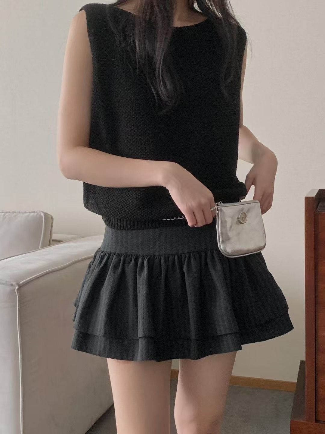 紋理感蛋糕短裙(黑色)