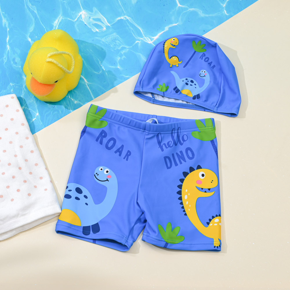 TB542-童超彈平口泳褲附同款帽-印花