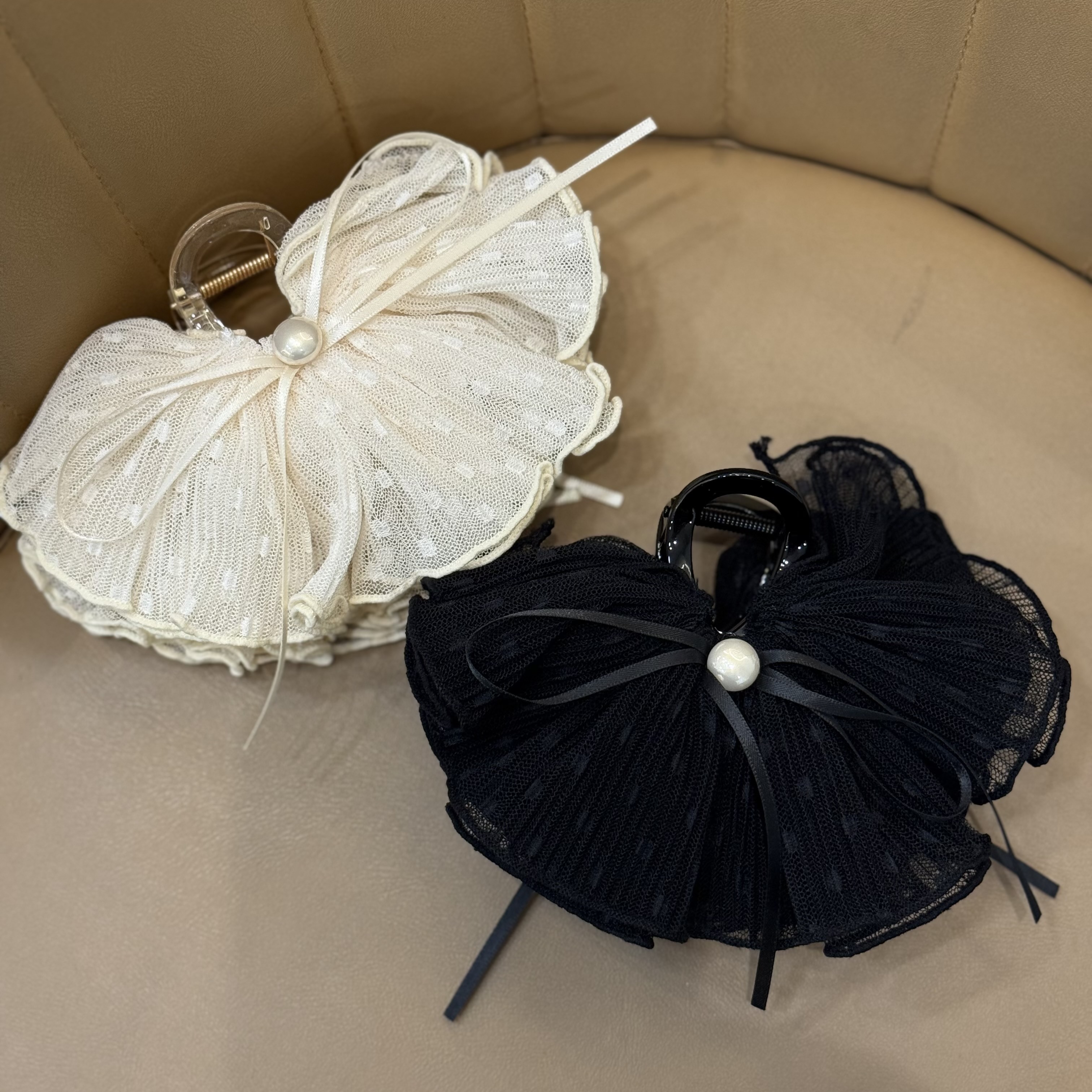 Z135珍珠網紗圓點傘狀半頭夾