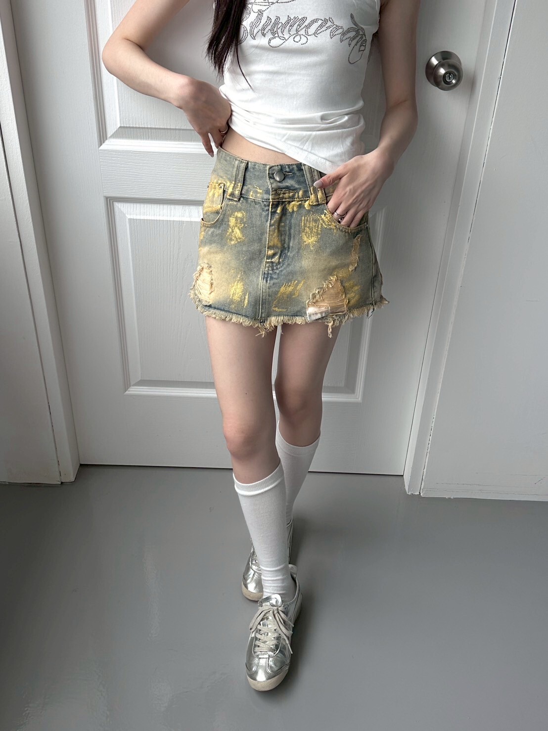 澀谷街頭 千禧燙金刷破包臀裙