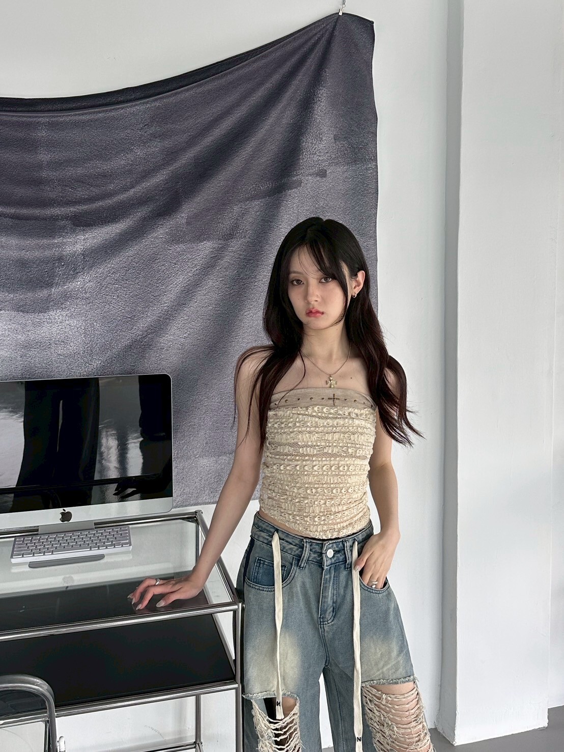 燙釘十字 兩件式收腰平口上衣 2colors