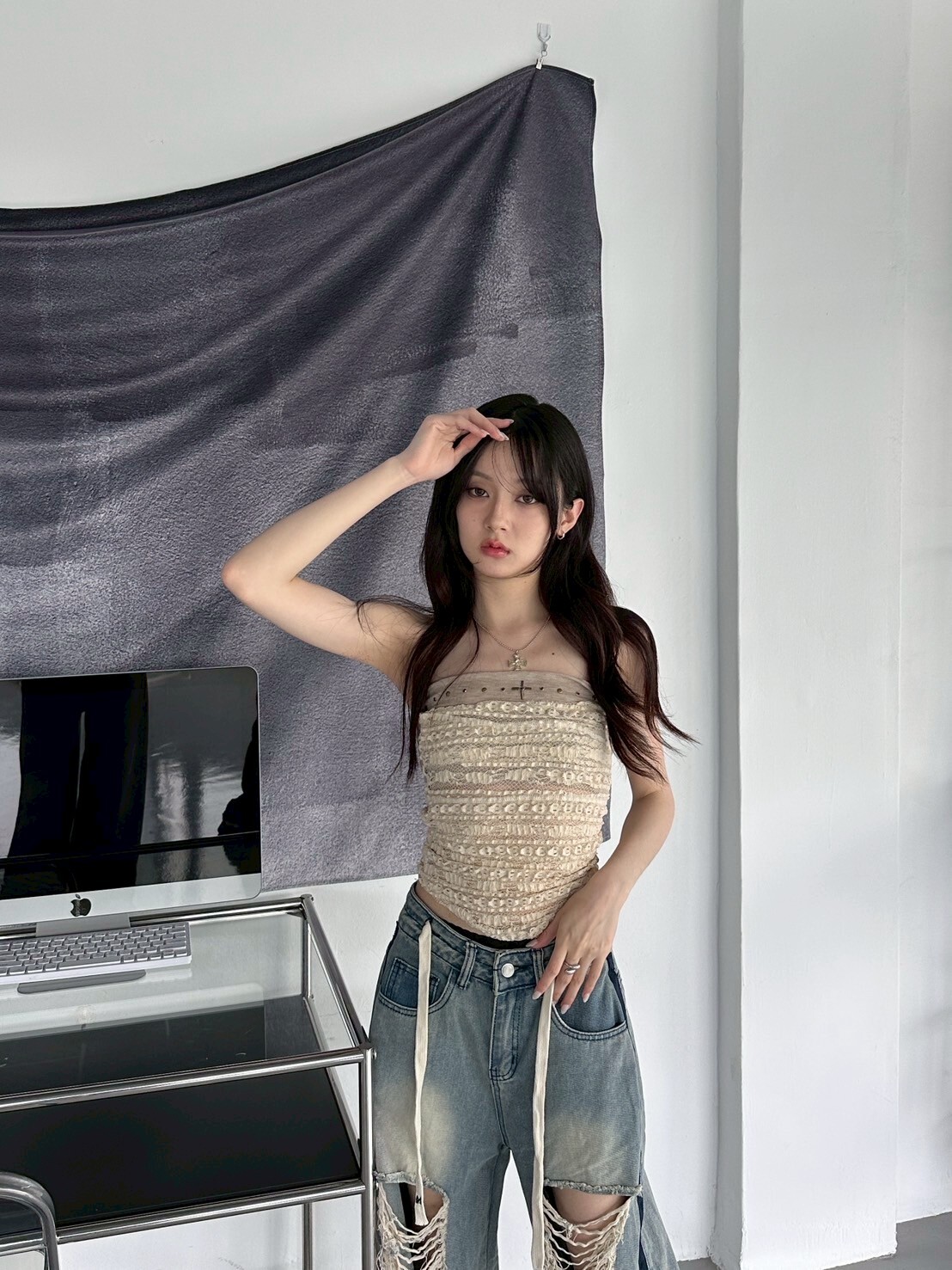 燙釘十字 兩件式收腰平口上衣 2colors