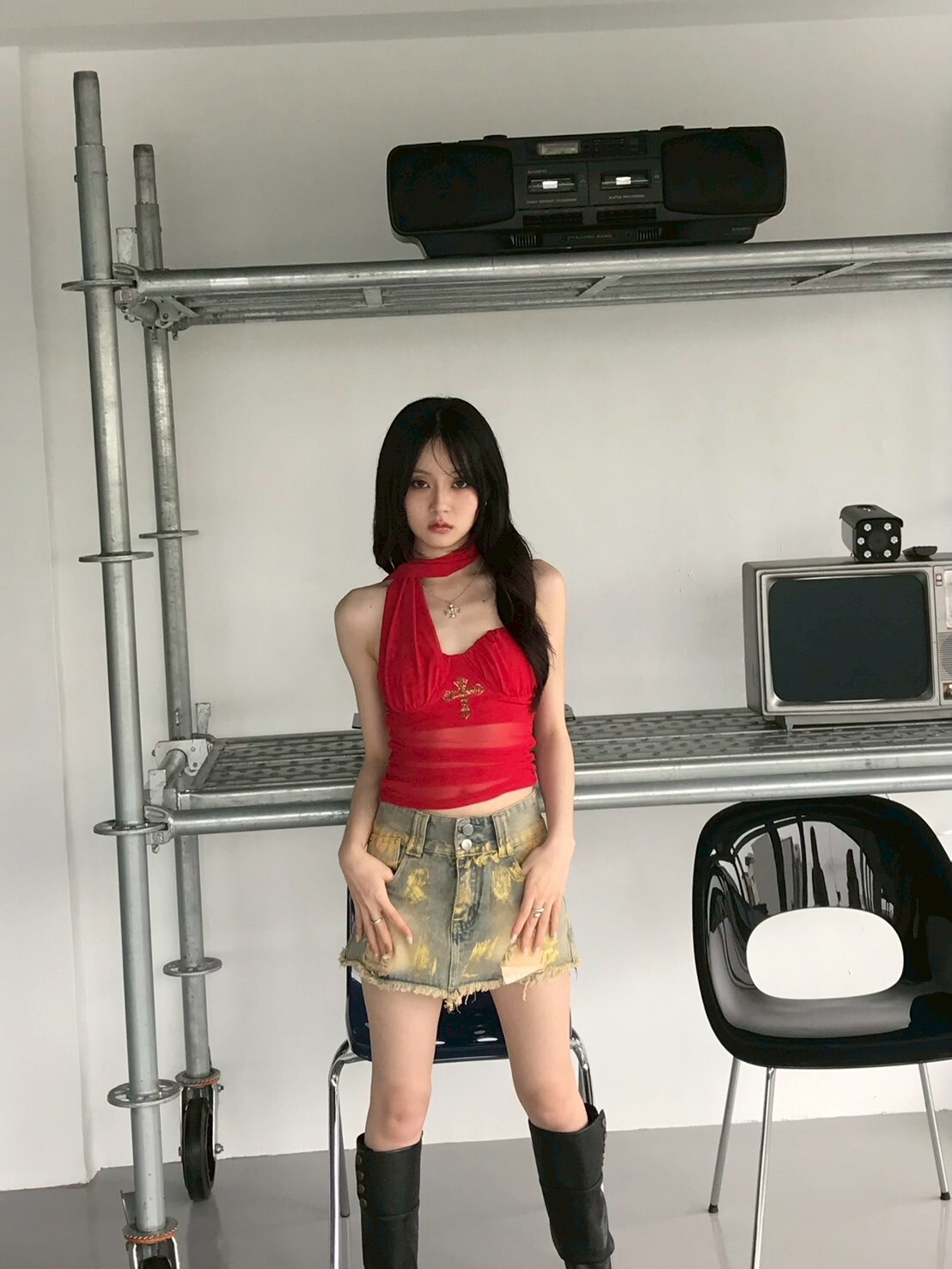 燙鑽飄帶掛脖網紗上衣（附胸墊）2colors