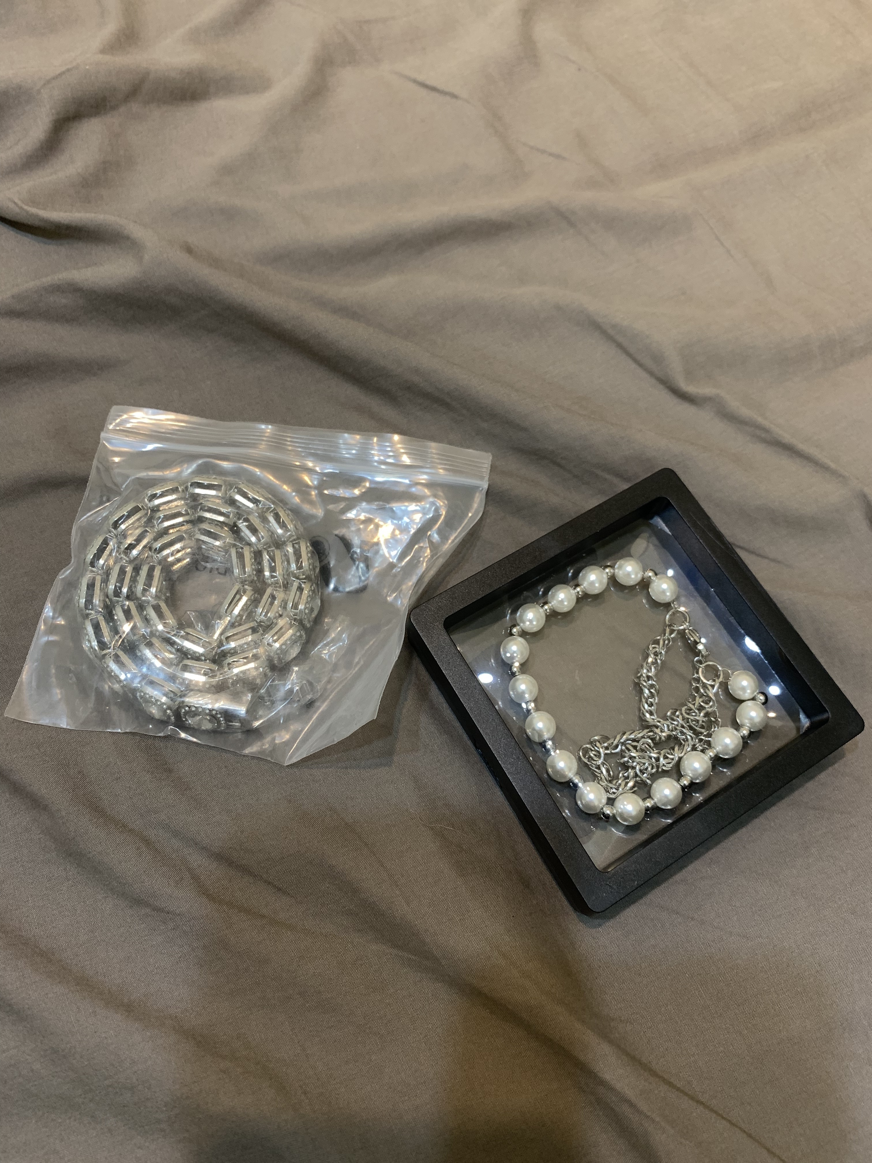 美式水鑽銀項鍊 / 珍珠古巴拼接手環