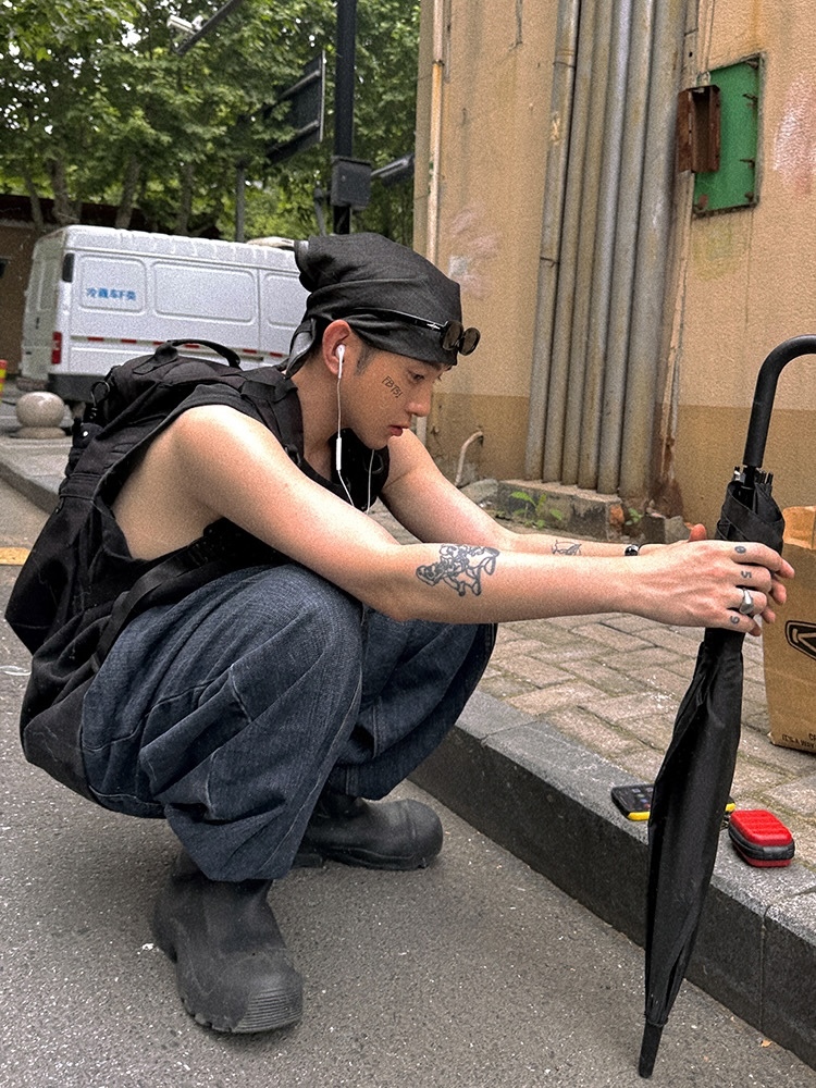 Aurocean 洗舊感 黑色螺紋背心