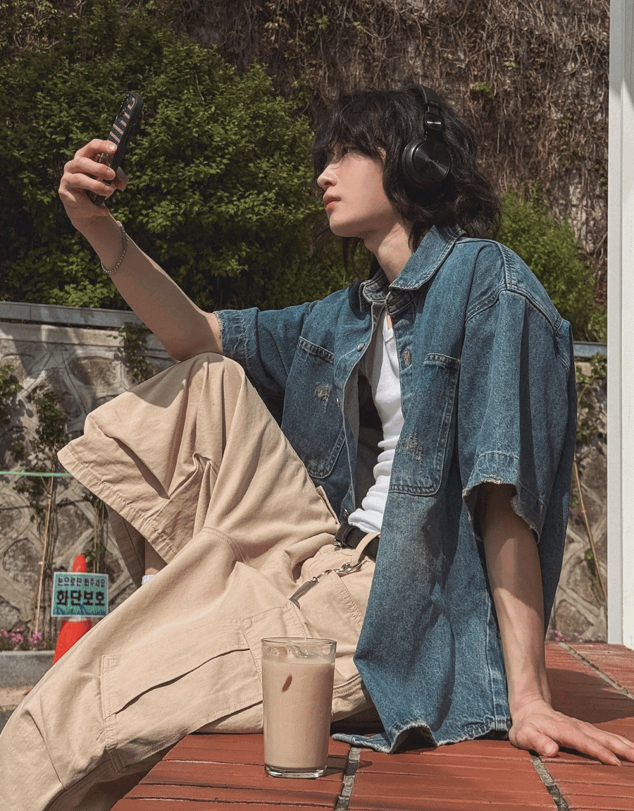 Jane Damage破損牛仔短袖襯衫