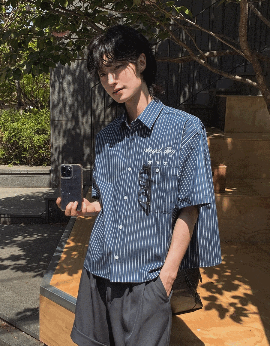 ENZ 條紋短款短袖襯衫