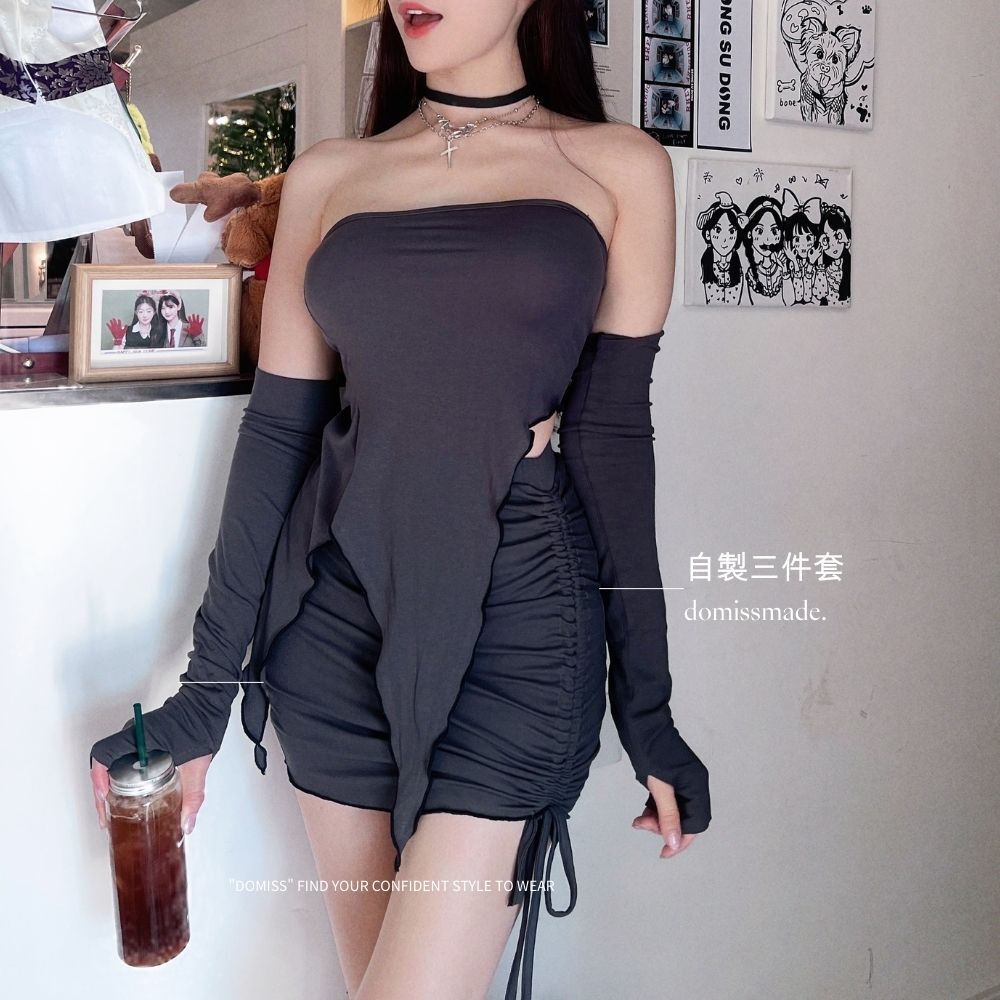 【DOMISS自訂】黑曜曲線｜不規則開衩手袖設計+平口背心+短裙三件套洋裝(現貨)