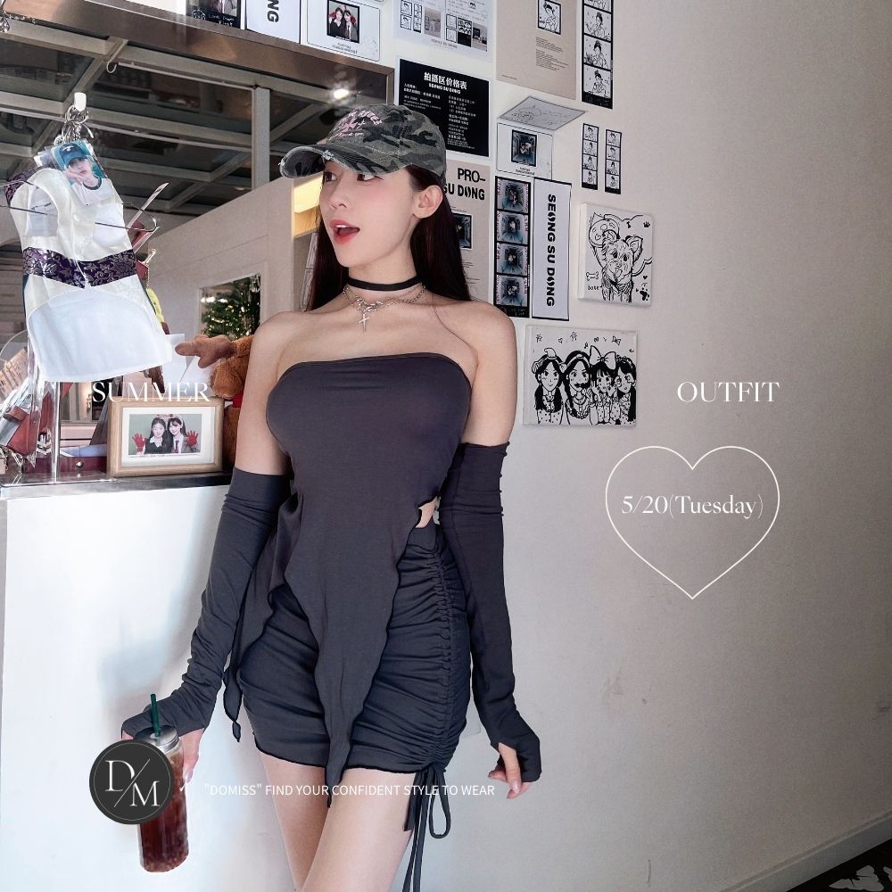 【DOMISS自訂】黑曜曲線｜不規則開衩手袖設計+平口背心+短裙三件套洋裝(現貨)