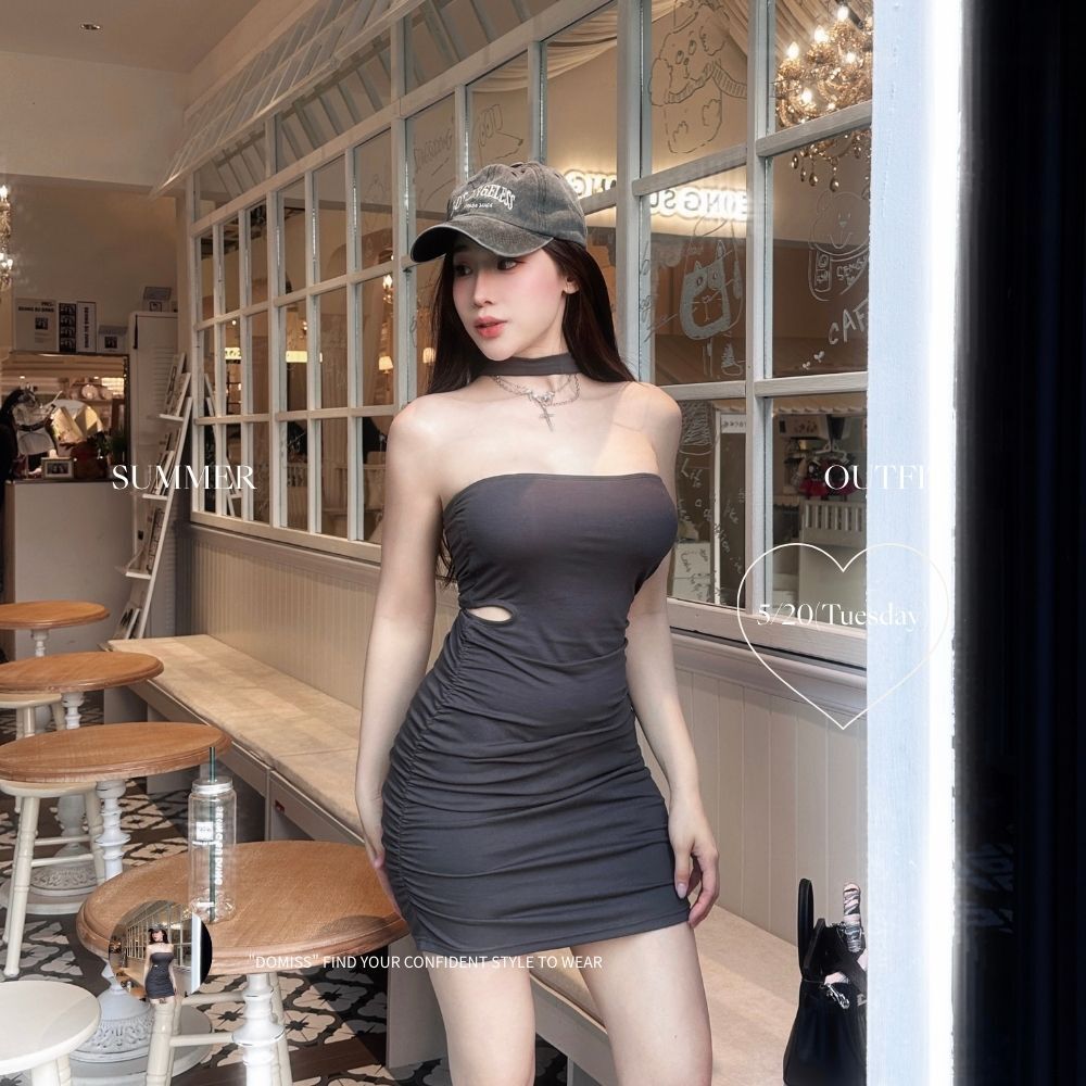 【DOMISS自訂】辣感女主｜側挖鏤空掛脖平口洋裝(現貨)