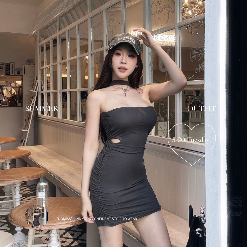 【DOMISS自訂】辣感女主｜側挖鏤空掛脖平口洋裝(現貨)