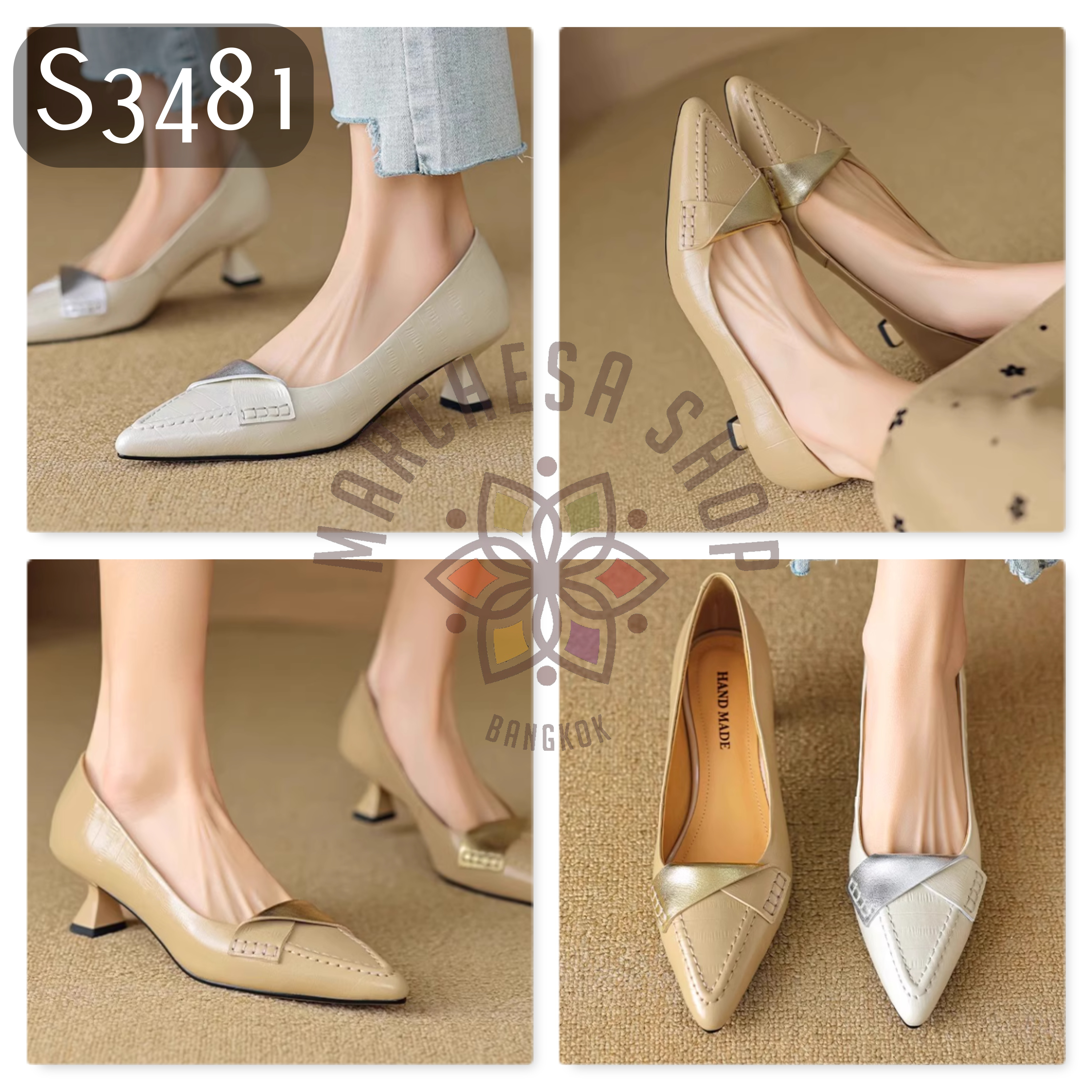 S3481 - 頭層小羊皮扭帶拼金尖頭高踭鞋