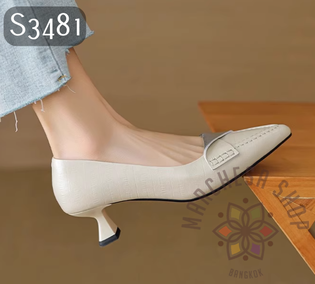 S3481 - 頭層小羊皮扭帶拼金尖頭高踭鞋