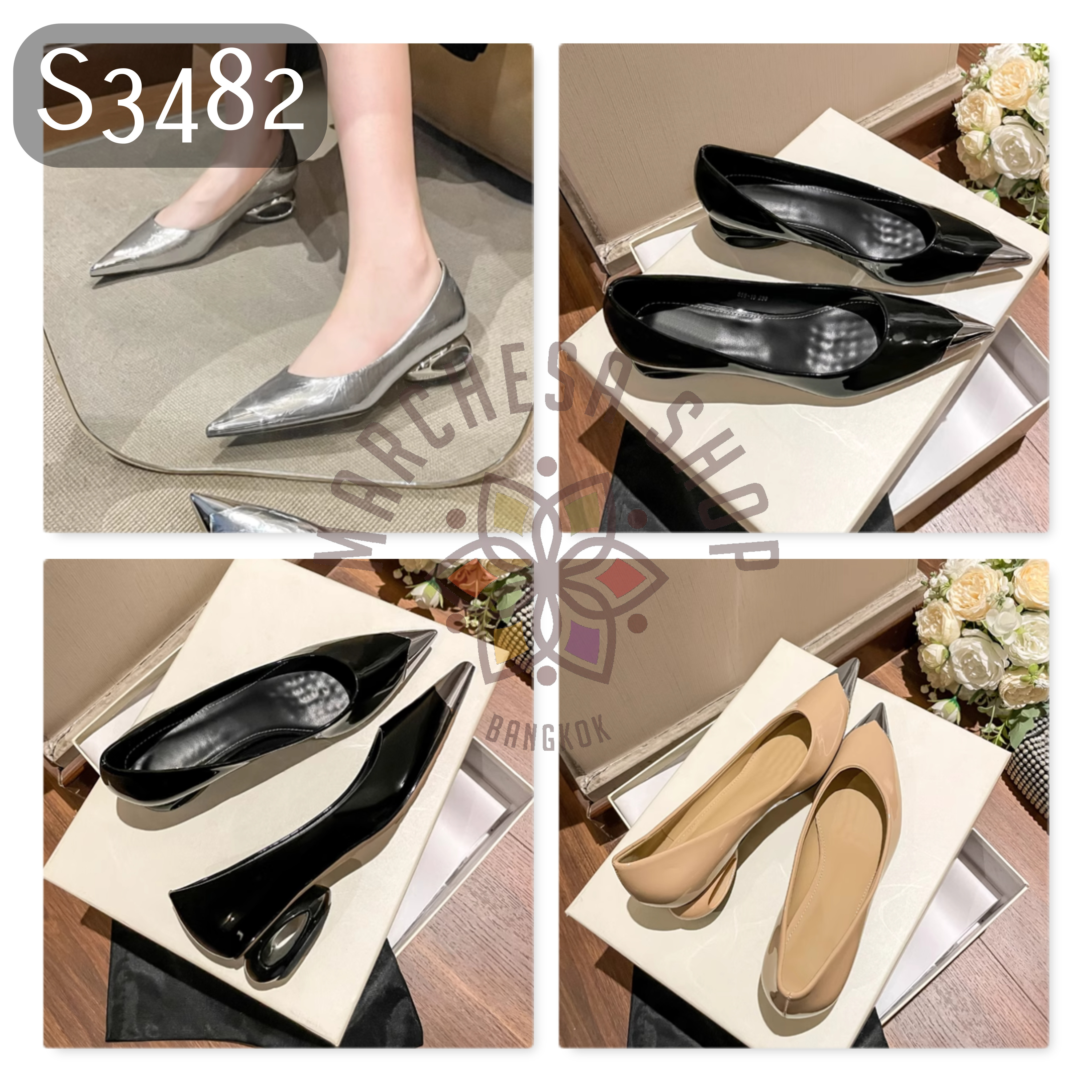 S3482 - 羊漆皮金片尖頭圓踭低踭鞋