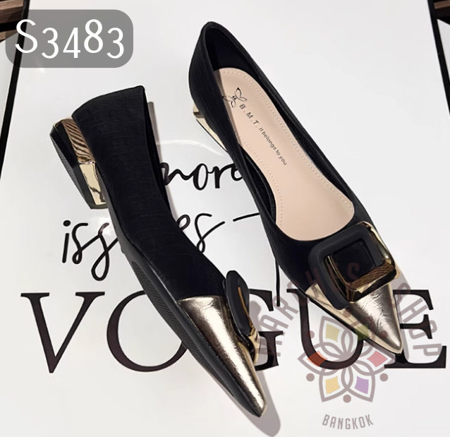 S3483 - 羊皮絲綢裝飾拼色尖頭平底鞋