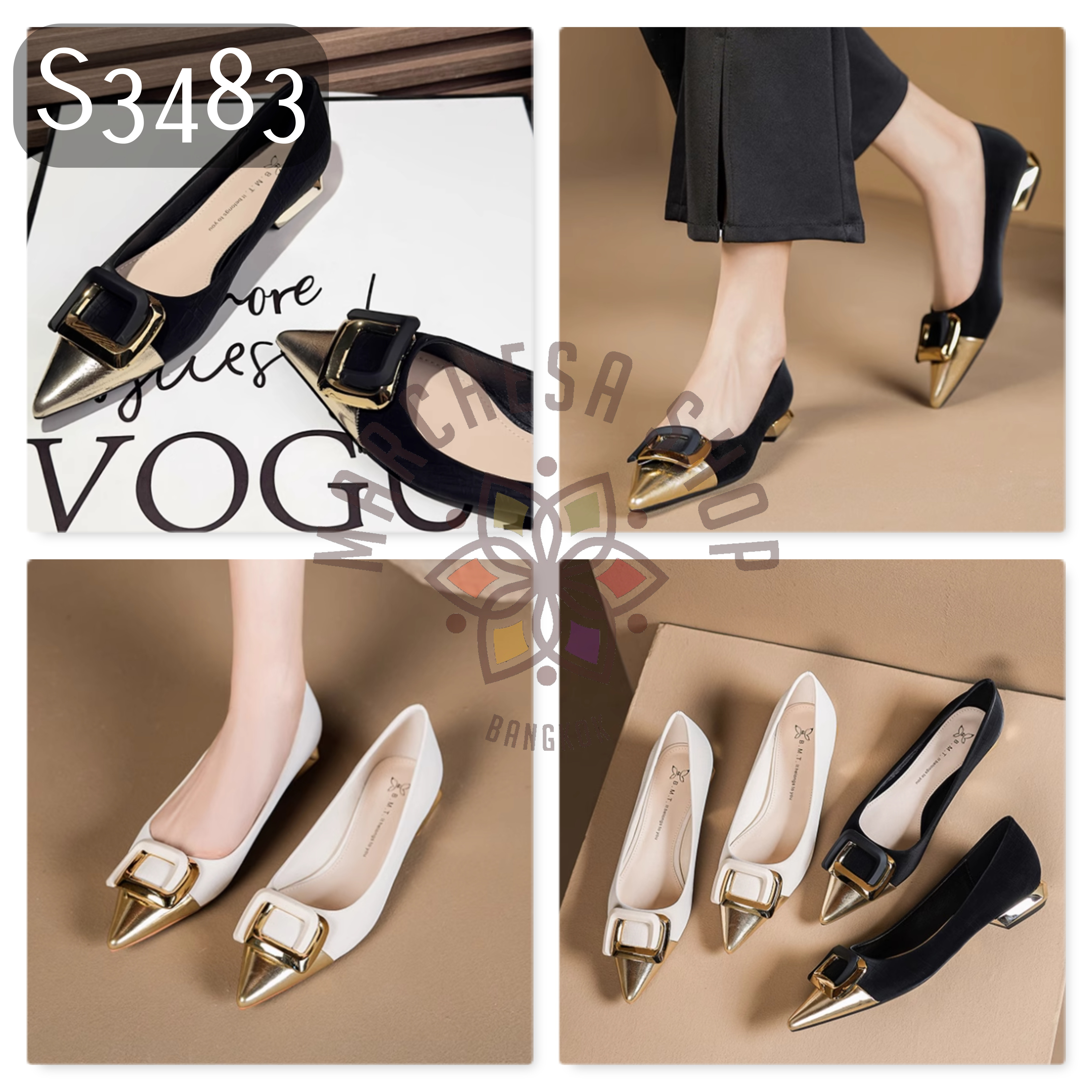 S3483 - 羊皮絲綢裝飾拼色尖頭平底鞋