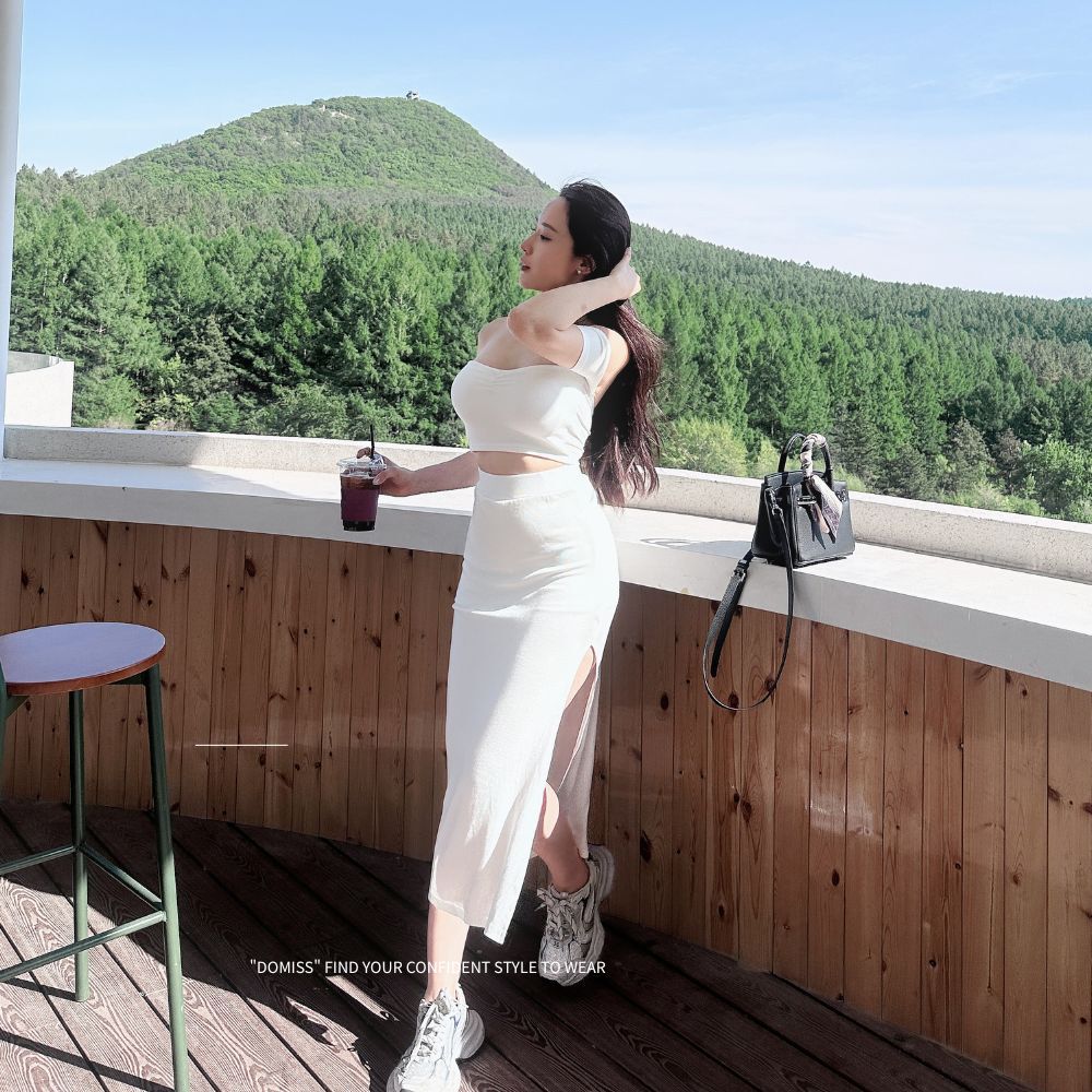 【DOMISS自訂】氣質軟辣｜一字領上衣+開衩長裙洋裝 顯瘦螺紋兩件式套裝-3色(現貨)