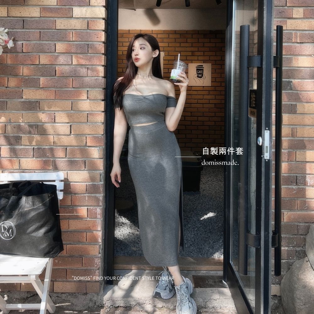 【DOMISS自訂】氣質軟辣｜一字領上衣+開衩長裙洋裝 顯瘦螺紋兩件式套裝-3色(現貨)