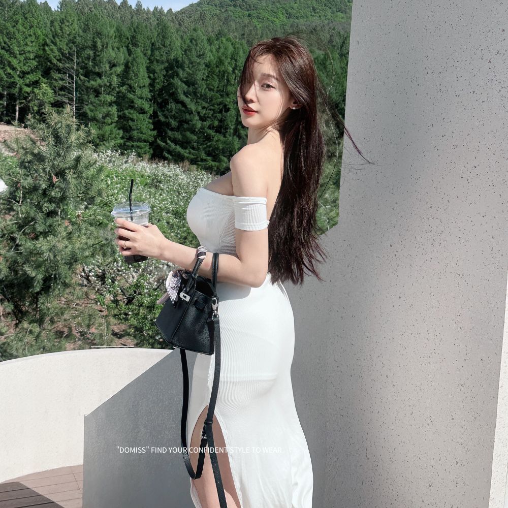 【DOMISS自訂】氣質軟辣｜一字領上衣+開衩長裙洋裝 顯瘦螺紋兩件式套裝-3色(現貨)