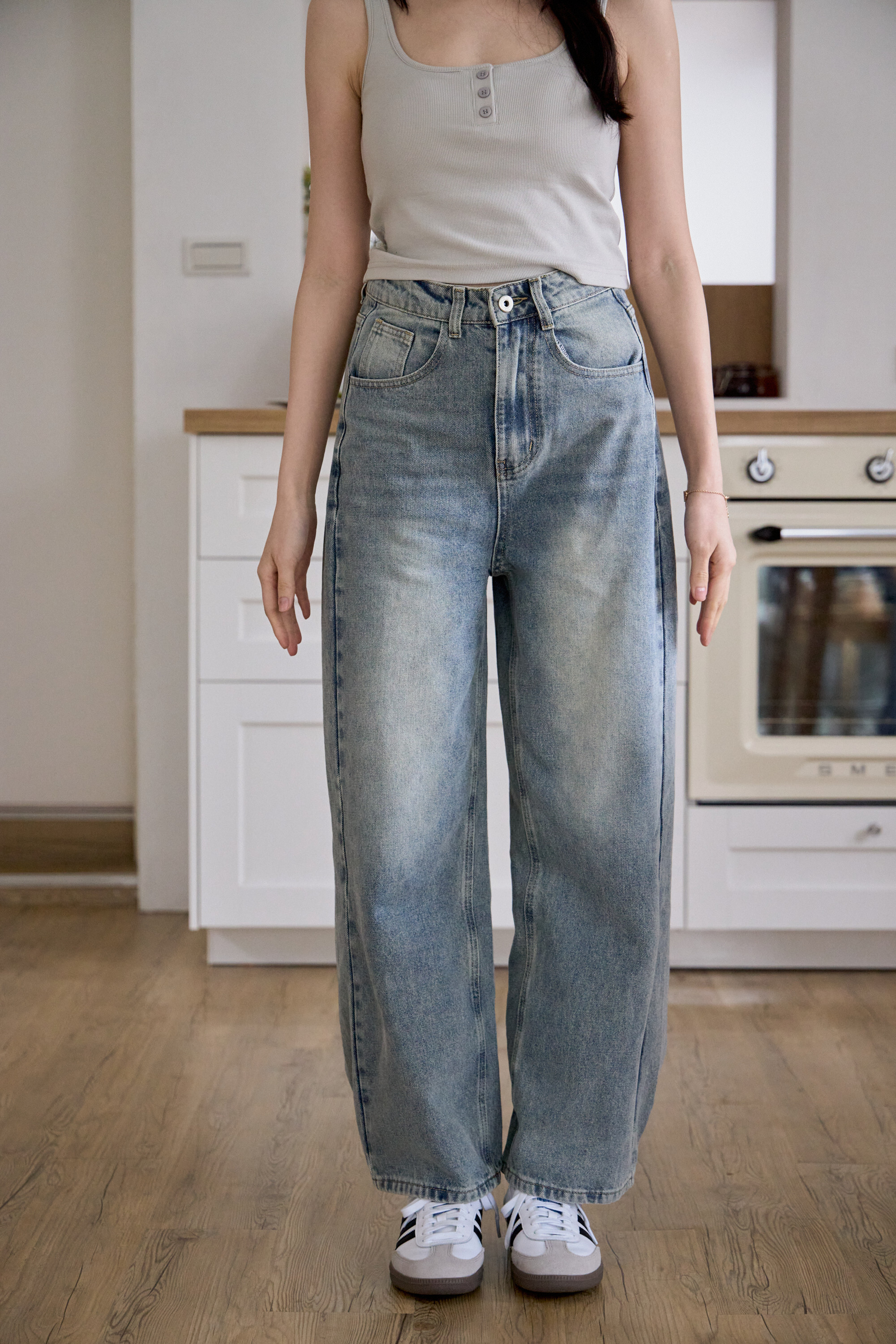 Gmade/2 WAYS!褲口調節刷色順臀直筒丹寧褲-灰藍