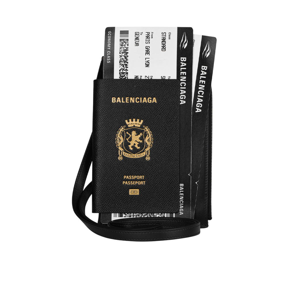 【Balenciaga】護照及雙機票造型掛脖式拉鍊卡包/手機包(黑色)