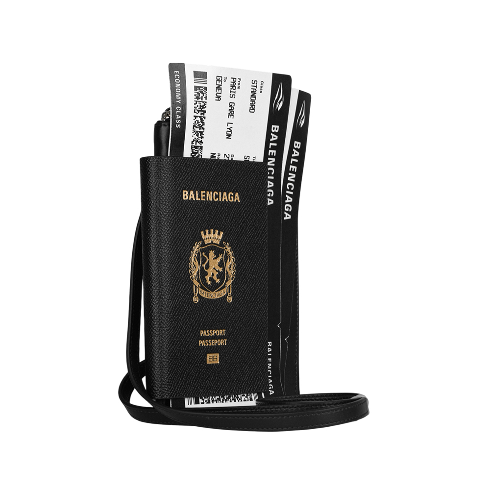 【Balenciaga】護照及雙機票造型掛脖式拉鍊卡包/手機包(黑色)