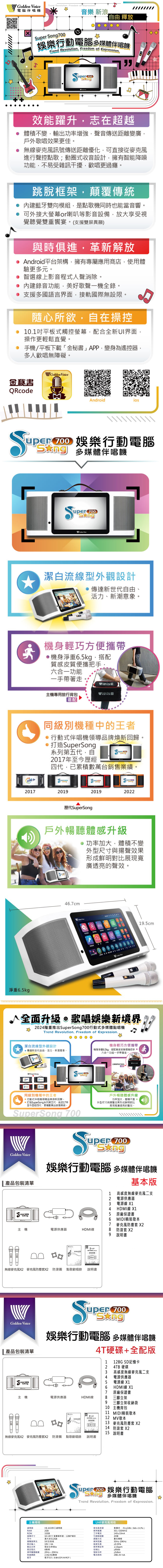 淨重6.5kgp Voice電腦伴唱機Trend Revolution. Freedom of Expression音樂 新浪由 釋放 Song娛樂行動電腦多媒體伴唱機Trend Revolution Freedom of Expression. 7效能躍升志在超越不變輸出功率增強聲音傳送距離變廣戶外歌唱效果更佳無線麥克風訊號傳送距離優化可直接從麥克風進行聲控點歌;動圈式收音設計擁有智能降噪功能不易受雜訊干擾,歡唱更過癮。跳脫框架,顛覆傳統內建藍牙雙向模組,是點歌機同時也能當音響。可外接大螢幕or喇叭等影音設備,放大享受視覺聽覺雙重饗宴。(支援雙屏異顯)與時俱進,革新解放Android平台架構,擁有專屬應用商店,使用體驗更多元。智選線上影音程式人聲消除。內建錄音功能,美好歌聲一機全錄。支援多國語言界面,接軌國際無設限。隨心所欲,自在操控10.1平板式觸控螢幕,配合全新UI界面,操作更輕鬆直覺。手機/平板下載「金秘書」APP,變身為遙控器,多人歡唱無障礙。 Voice金秘書QRcodeAndroid 7 娛樂行動電腦 多媒體伴唱機。 潔白流線型外觀設計新世代自由活力、新潮意象。機身輕巧方便攜帶機身淨重6.5kg,搭配質感皮質便攜把手,六合一功能一手帶著走Golden 機旅行背包選配同級別機種中的王者行動式伴唱機領品牌煥新回歸。打造erSong系列第五代,自2017年至今歷經四代,已累積數萬台銷售業績。20172019歷代SSong20192022戶外暢聽體感升級功率,體積不變外型尺寸與揚聲效果形成鮮明對比展現寬廣透亮的聲效。46.7cm19.5cm4K      Golden 全面升級。歌唱娛樂新境界2024隆重推出erSong行動式多媒體點唱機Trend Revolution, Freedom of Expression.潔白流線型外觀設計機身輕巧方便攜帶傳達新世代自由、活力、新潮意象。機身淨重6.5kg,搭配質感皮質便攜把手 •六合一功能一手帶著走。Songuper 主專用,同級別機種中的王者 行動式伴唱機領導品牌煥新回歸。 打造rSong系列第五代自2017年至今歷經四代,累積數萬台銷售業績。SuperSong Golden Voice戶外暢聽體感升級功率加大,體積不變、外型尺寸與揚聲效果形成鮮明對比展現透亮的聲效。Sup 700娛樂行動電腦 多媒體伴唱機產品包裝清單基本版uper 700主機電源供應器HDMI線 高感度無線麥克風二支電源供應器電源線 X1HDMI線 X1原廠保證書精裝歌本麥X2克風防塵套8防套 X29使用00無線麥克風X2 麥克風防塵套X2 防滑圈 點歌歡唱錄 說明書uper 700SupGolden Voice娛樂行動電腦 多媒體伴唱機產品包裝清單4T硬碟+全配版1 128G SD記憶卡24TB 硬碟3高感度無線麥克風二支4 電源供應器5電源線 X1uper 7006HDMI線 X17原廠保證書主機電源供應器HDMI線8三腳立架9三腳立架收納袋10主機背包11 MIDI精裝歌本12MV歌本使用說明書13 麥克風防塵套 X20014 防套 X215 說明書無線麥克風X2 麥克風防塵套X2 防滑圈 點歌歡唱錄說明書Super 700 娛樂行動電腦SupeSng 多媒體伴唱機Trend Revolution, Freedom of Expression.主機規格處理器H6 A53多工處理器麥克風音頭RAM2GB頻率範圍UHF麥克風規格動圈式-51±2db(=1V/Pa)501-530MHZROM32GB工作電流140±10mA螢幕尺寸10.1英寸螢幕解析度:1280*800可調數20個TF卡最大支512GB調變方式數位導頻揚聲器單元5吋全音域頻率回應額定輸出功率额定阻抗19V/4A額定功率90w6歐姆諧波失真50Hz-20KHz0.05%頻率穩定率±10ppm信噪比≥90db頻率響應範圍20Hz~20KHz發射功率無線網路2.4G/5G雙頻電池規格2個1.5V AA藍牙藍牙5.0 (支援A2DP/AVRCP)